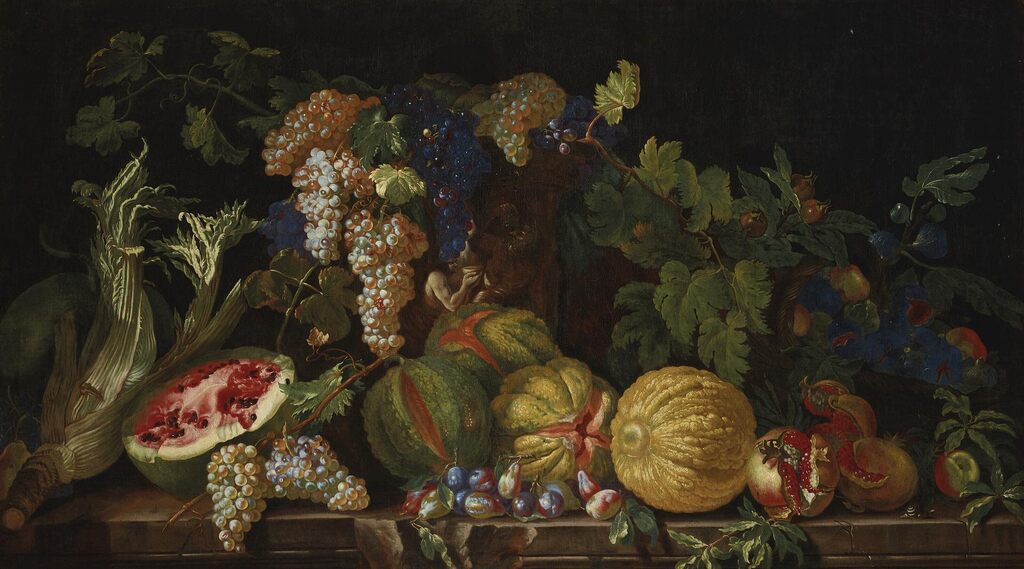 Nature morte aux melons, grenades, raisins, pastèque et autres fruits et légumes sur un entablement