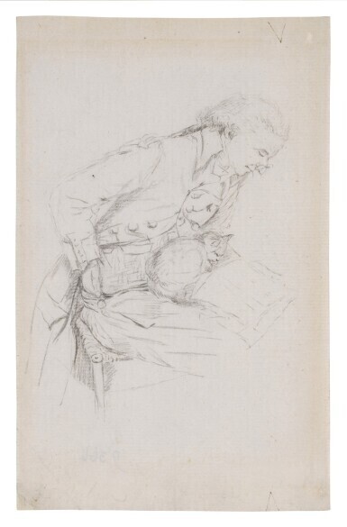 Study of a seated man reading, with a cat on his lap