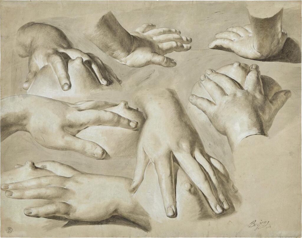 A sheet of studies of hands on breasts