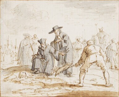 Six studies for The Martyrs' Mirror: A) The Torture of Geleijn the shoemaker, 1572 B) The Martyrdom of Anneken Heyndricks, 1571 C) The Burial alive of Anneke van den Hove, Brussels, 1597 D) Adriaen Wens at the place of execution of his mother E) 180 people burned under the name of Albigois as heretics, 1210 F) Pieter Pietersz. Bekjen being led to the stake