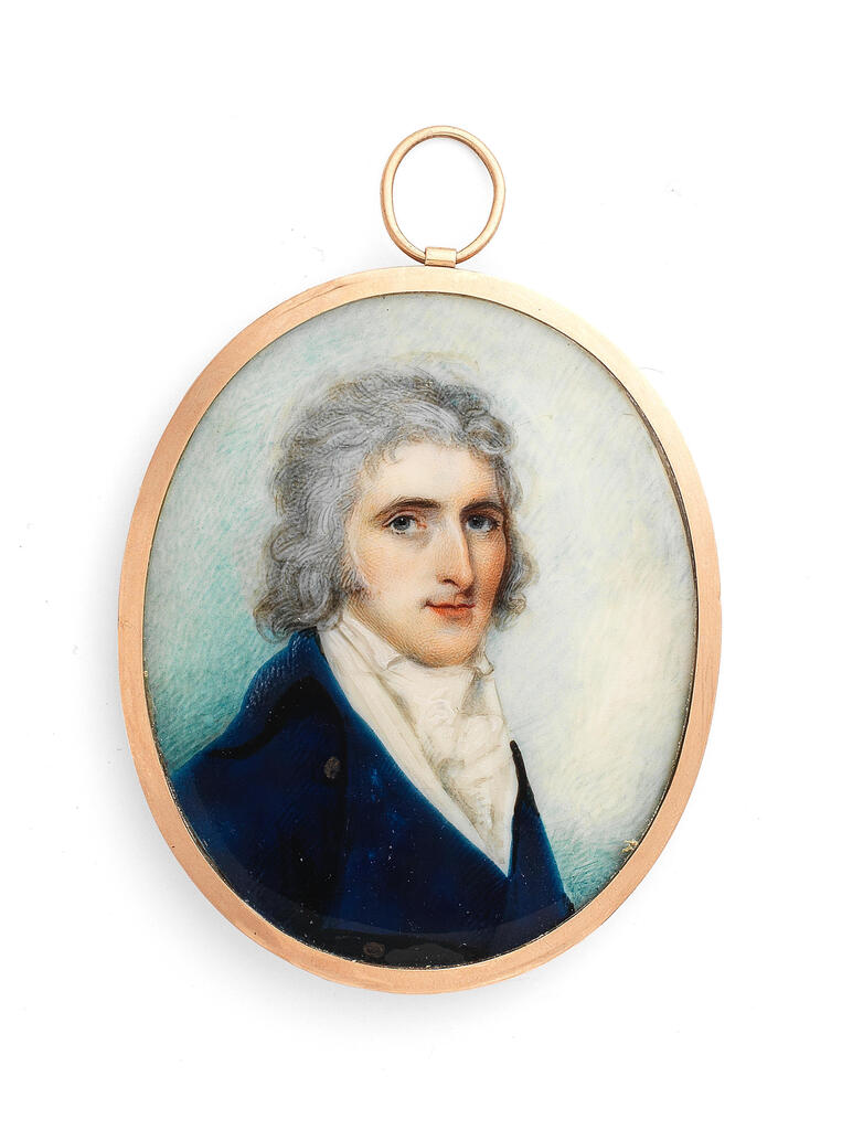 A portrait miniature of a gentleman, wearing white chemise, blue coat and waistcoat