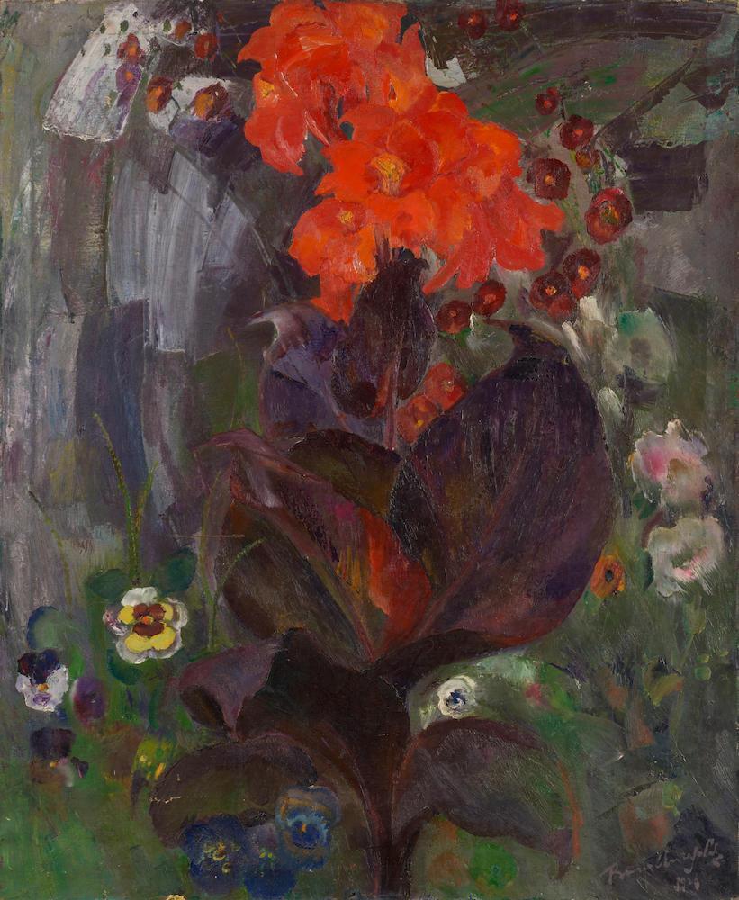 Black Knight canna lily with pansies