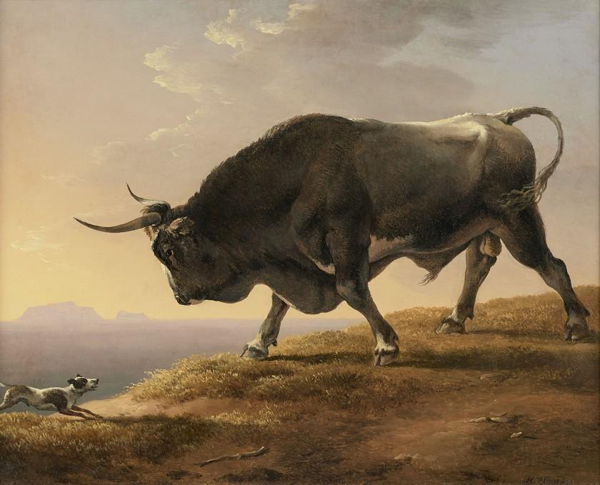 Bull and dog in a landscape of the Neapolitan coast