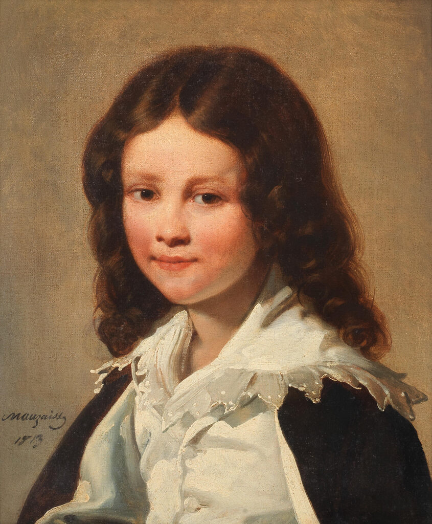 Portrait of a young boy, half-length, wearing a shirt and dark costume unframed