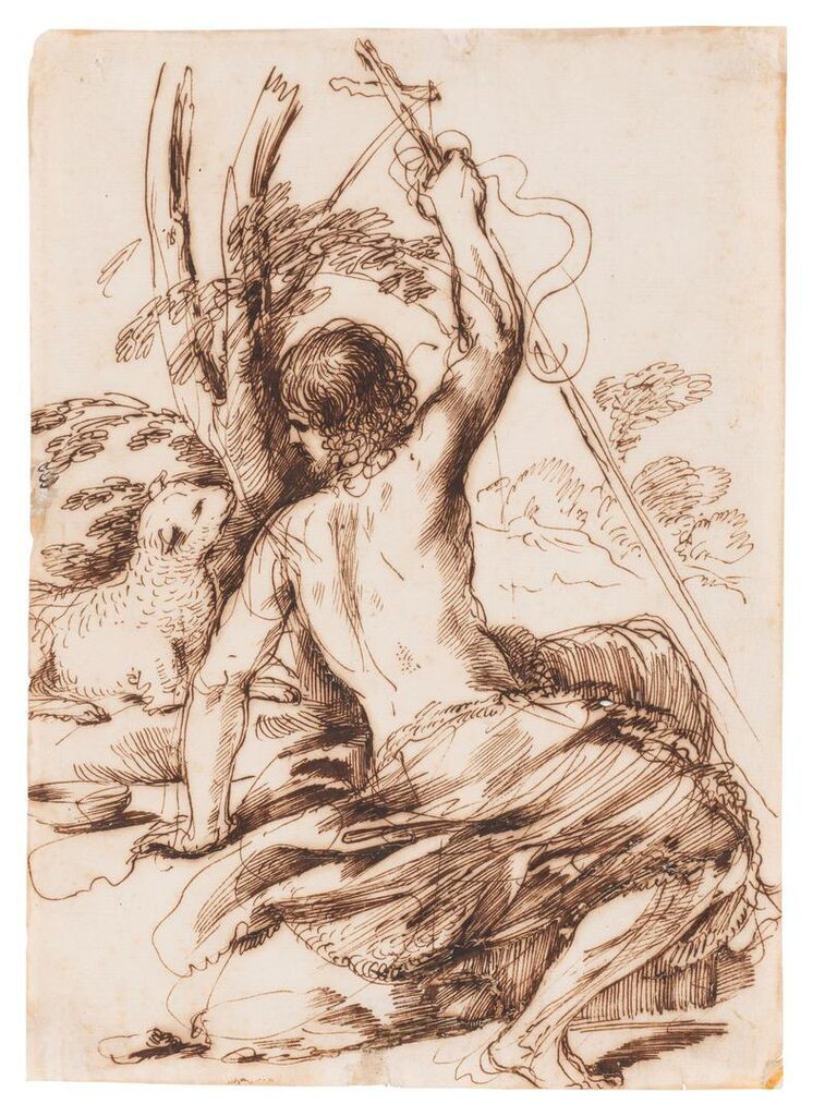 St. John the Baptist in a landscape, seated on a rock, his head turned to the left