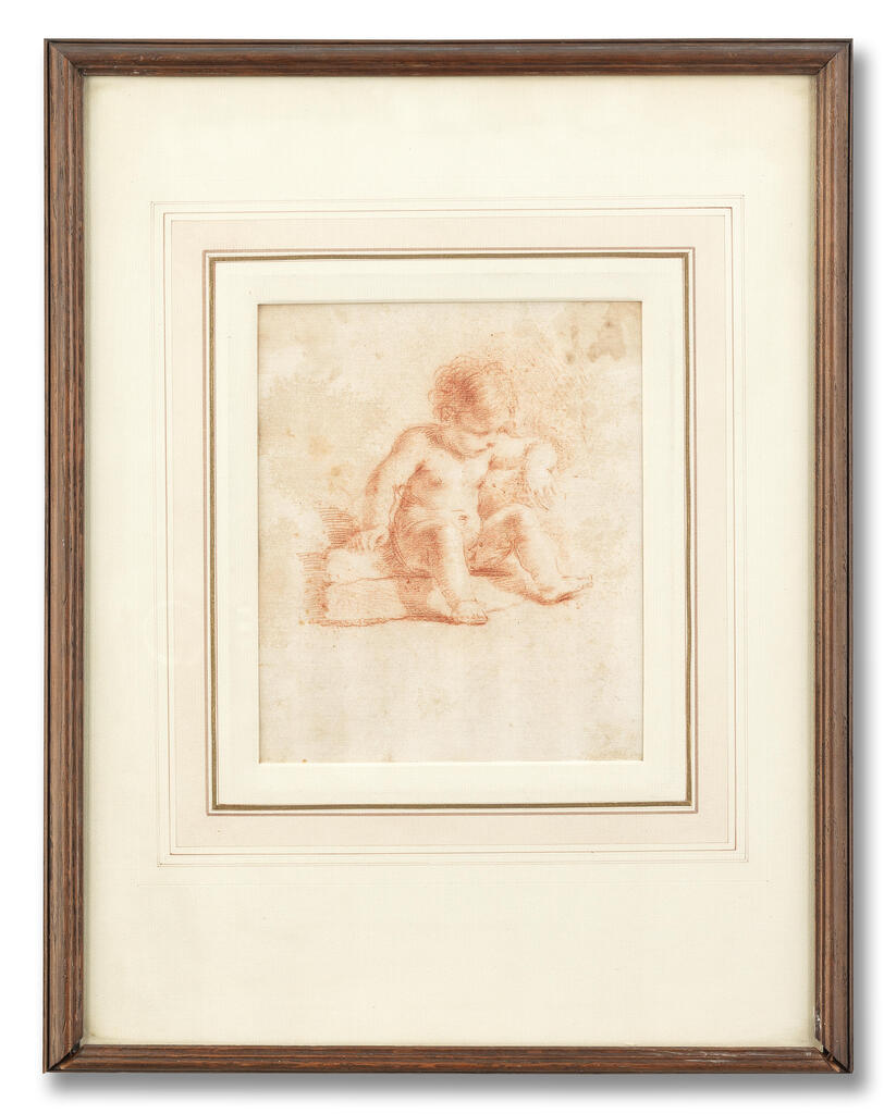 A small child seated on a stone step with his head inclined and resting his elbow on a ledge