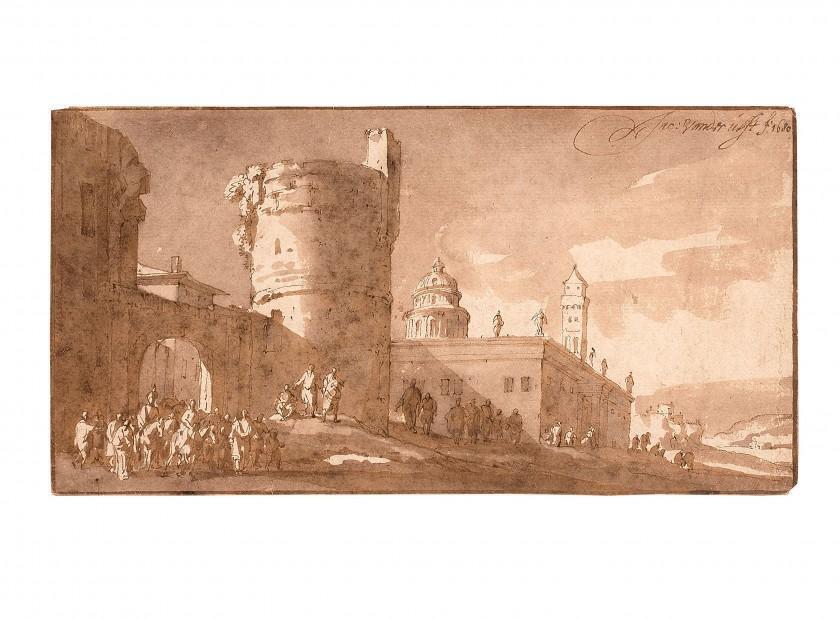 Ancient characters in front of a fortress