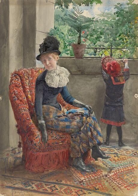 Portrait of a fashionably dressed lady with a child on a balcony