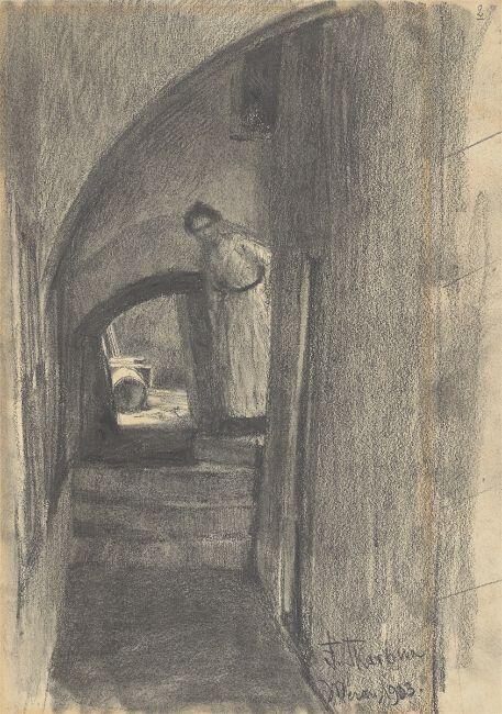 Woman in a vault with stair case