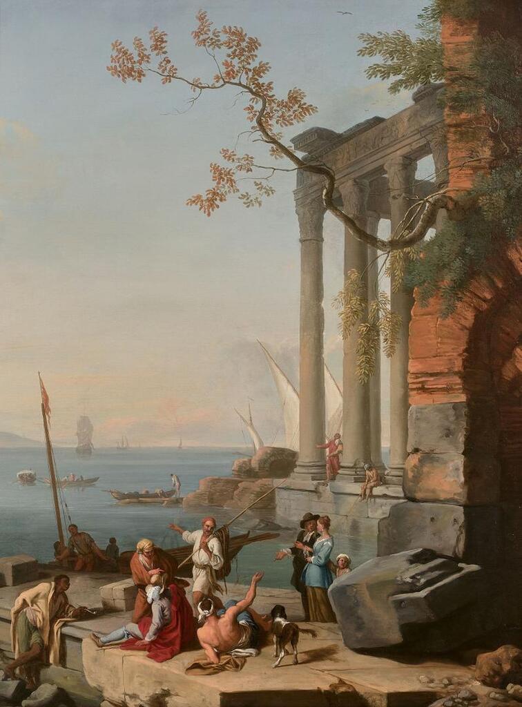 Mediterranean shore bustling with merchants