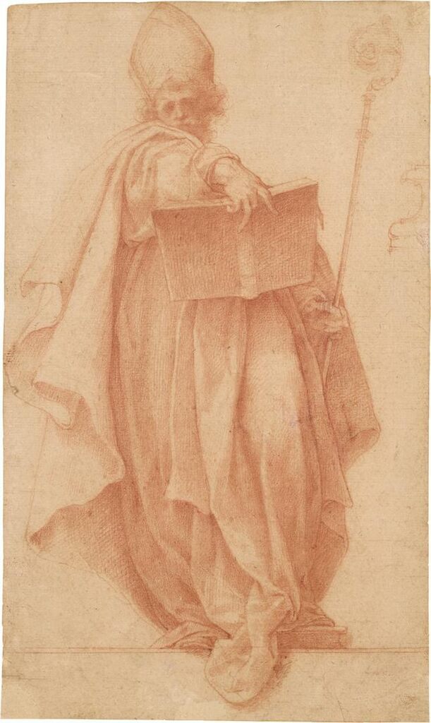 A standing bishop holding a book