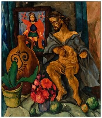 Still Life with wooden sculpture and cactus