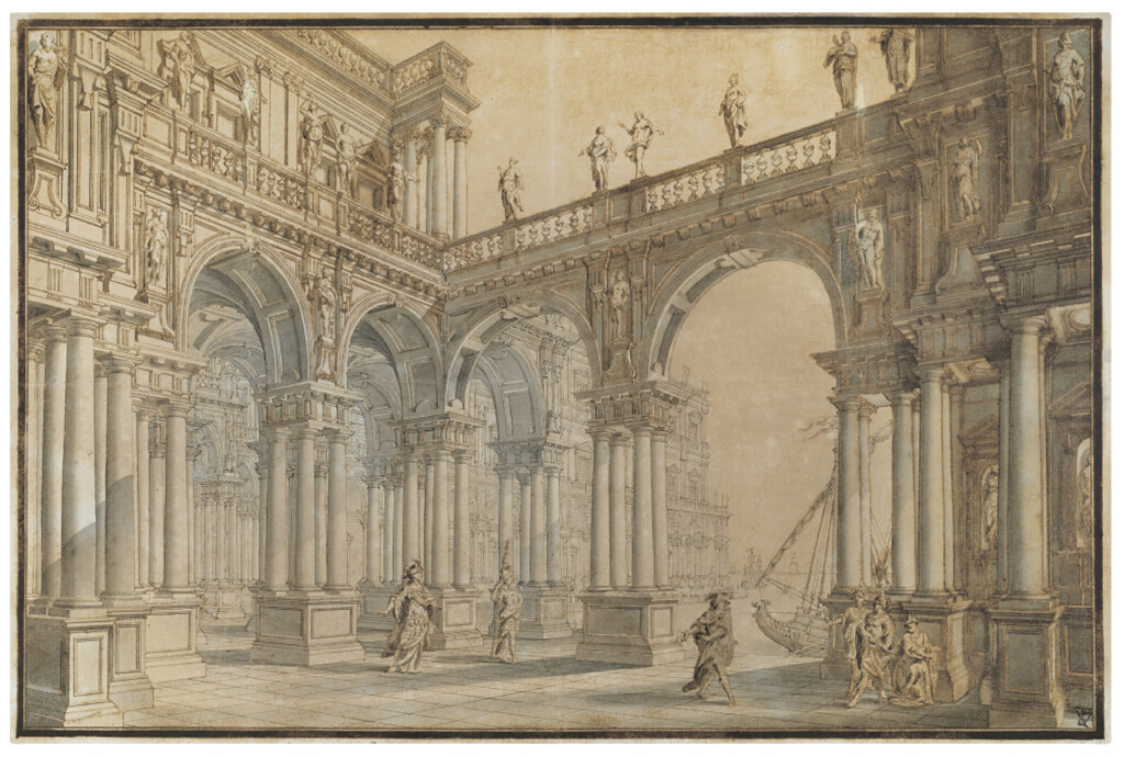A set design of a palace courtyard with a harbor in the background