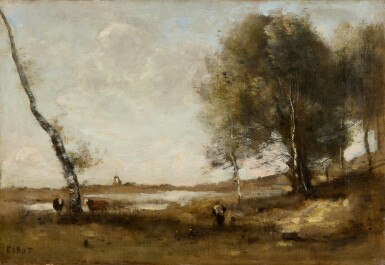 Deux vaches et leur gardien au marécage boisé