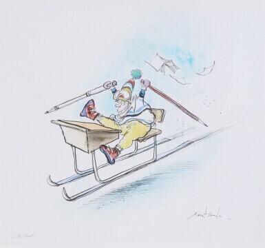 "Kid ski school", pen ink and watercolour with crayon, framed and glazed