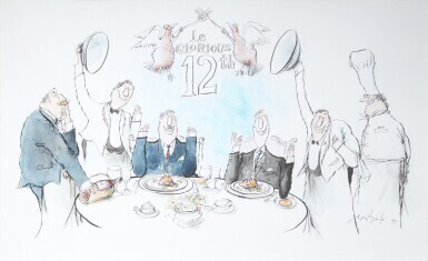 "Le Glorious 12th", 1992, pen ink, watercolour and coloured crayon, framed and glazed
