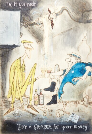 "Do it yourself, have a good rum for your money", pen ink and watercolour with bodycolour, framed and glazed