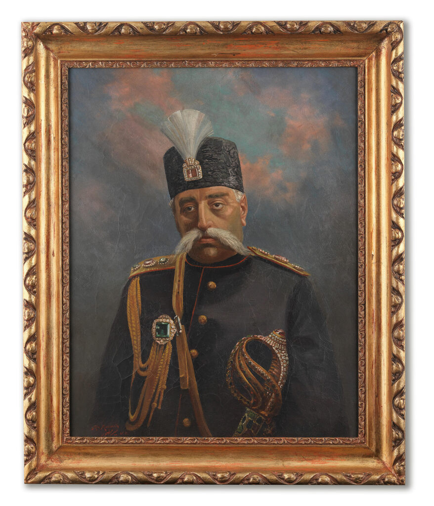 A portrait of Muzaffar al-Din Shah Qajar (reg. 1896-1907), by Sayyid Husain, known as Mir Musavvir