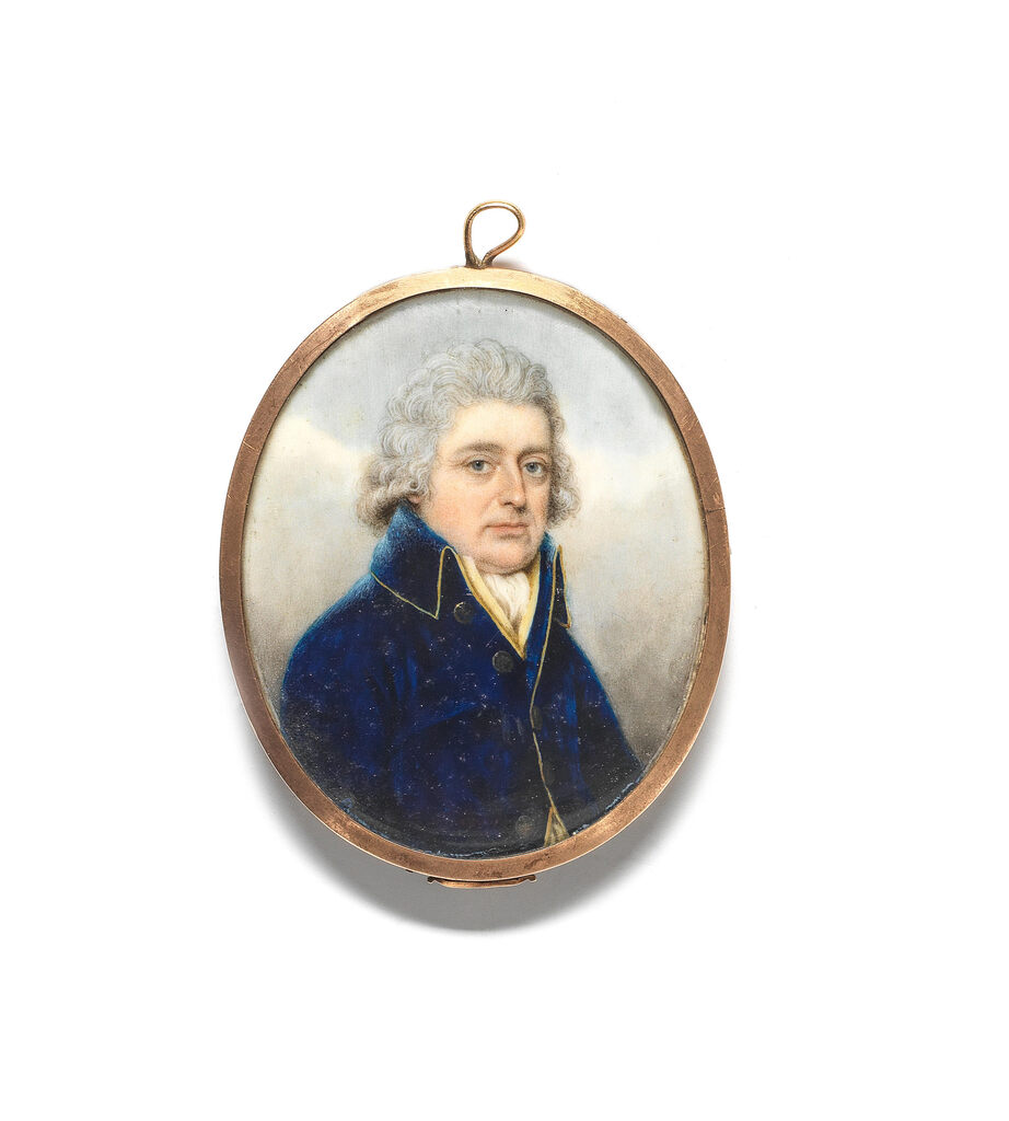 A portrait miniature of a gentleman, wearing a blue coat with yellow piping over his yellow waistcoat and white chemise