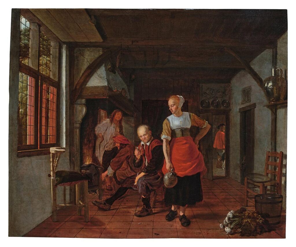 Inn Interior with a Maid and Three Men By a Fire