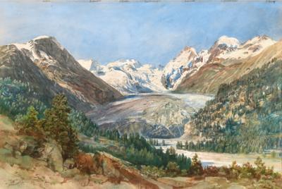 The Morteratsch Glacier in Grisons with the Bernina Range