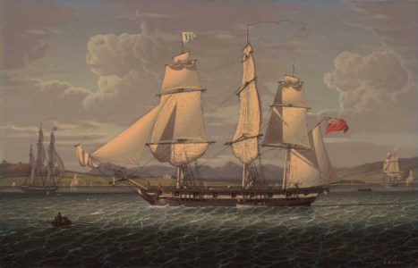 An outward-bound, 18-gun merchantman at the ‘Tail of the Bank’, portrayed in three positions