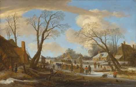 A winter village landscape with peasants on a frozen waterway
