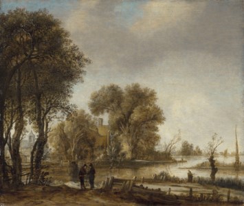 A river landscape with figures and a cottage among trees on the bank of a stream