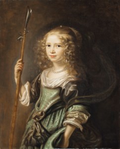 Portrait of a young girl as a shepherdess, half-length, in a green gown, holding a crook