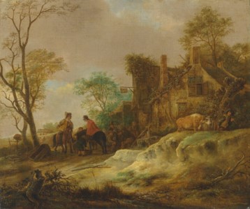 Travellers and peasants resting outside an inn