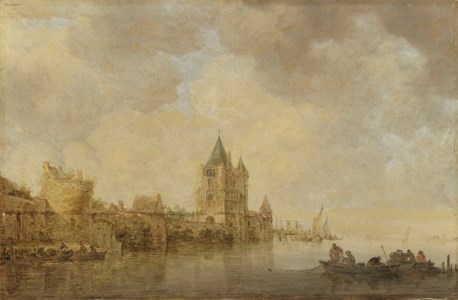 A river landscape with fishermen in a boat before a village jetty