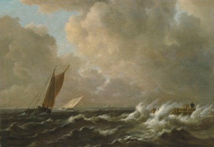 Sailing vessels in a stormy sea, with a jetty to the right