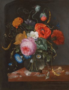Flowers in a glass vase on a ledge, with insects amd shells
