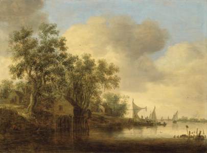 A wooded river landscape with sailing barges and rowing boats near a village