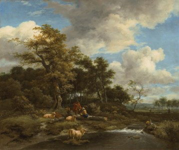 A woody river landscape with shepherds and their flock