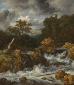 A mountainous landscape with a waterfall and a castle