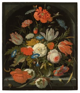 Flowers in a glass vase, with snails and insects, in a niche