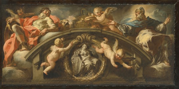 Abraham and Melchizedek above a roundel of Fortitude