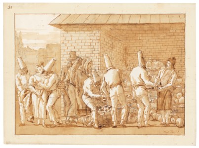 Giovanni Domenico Tiepolo, Punchinellos at a fruit and vegetable stall