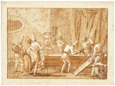 Giovanni Domenico Tiepolo, Punchinellos at a carpenter’s workshop