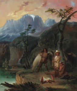 Trappers around a Campfire with the Wind River Mountains of the Rockies in the Background