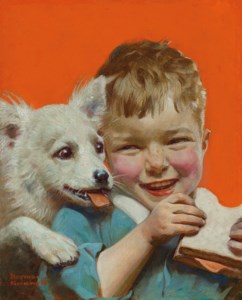 Laughing Boy with Sandwich and Puppy (Hungry Buddies)