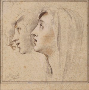 The heads of three women, probably the Three Maries at the Cross