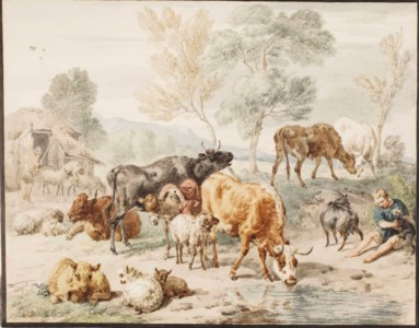 Cattle and peasants by a stream