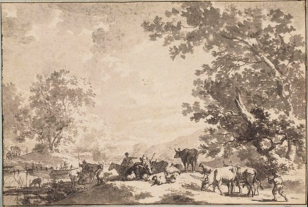 Peasants and animals in a wooded river landscape
