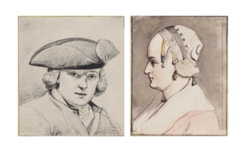 Portrait of a man wearing a tricorn hat, bust-length, perhaps a self-portrait; and Portrait of a woman