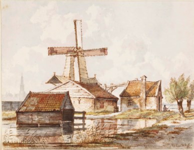 A sawmill on the Kattensloot in Amsterdam, with the Westertoren in the distance