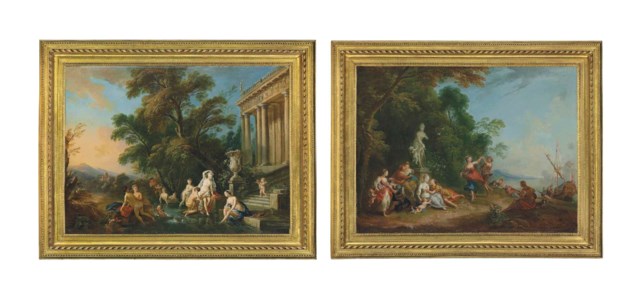 A wooded coastal landscape with figures dancing and resting by a statue of Venus, a ship beyond; and Diana and her nymphs bathing