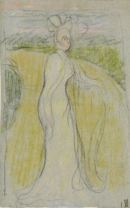 Femme en blanc sur le chemin jaune