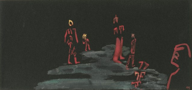 Cinq personnages rouges sur fond noir